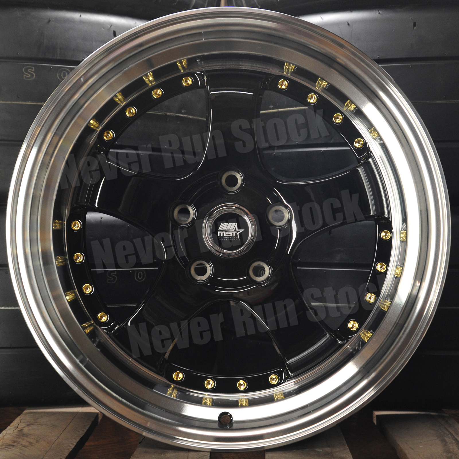 MST MT-07 17x9 5x114.3 +20 BLACK MACHINE LIP w/ GOLD RIVET 5